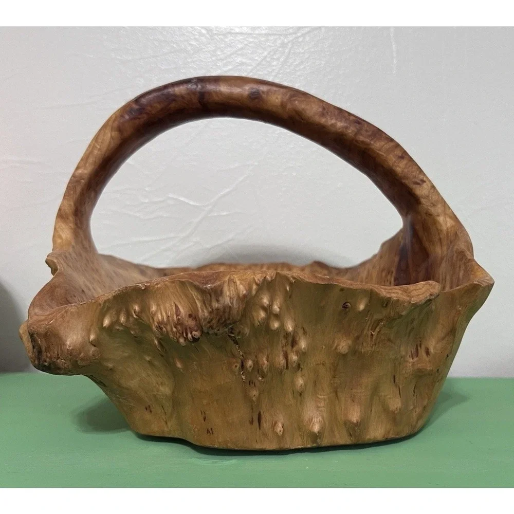 MCM Hand Carved Burl Wood Basket Handle Knobby Unique Boho Cabin Nature VTG‎